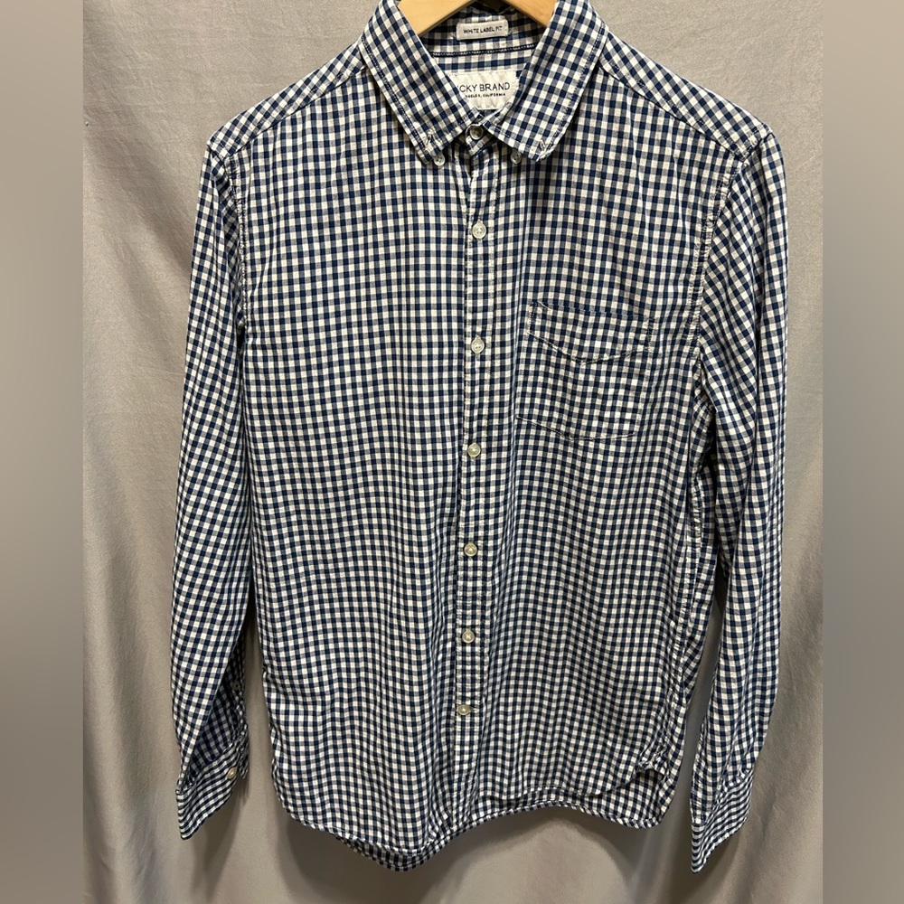 Lucky Brand Blue and White Check Plaid White Label Fit Button Long Sleeve Top